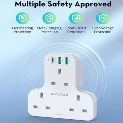 RAVPower PD Pioneer 20W 3 port charger White UK Version with 3 AC plug - White